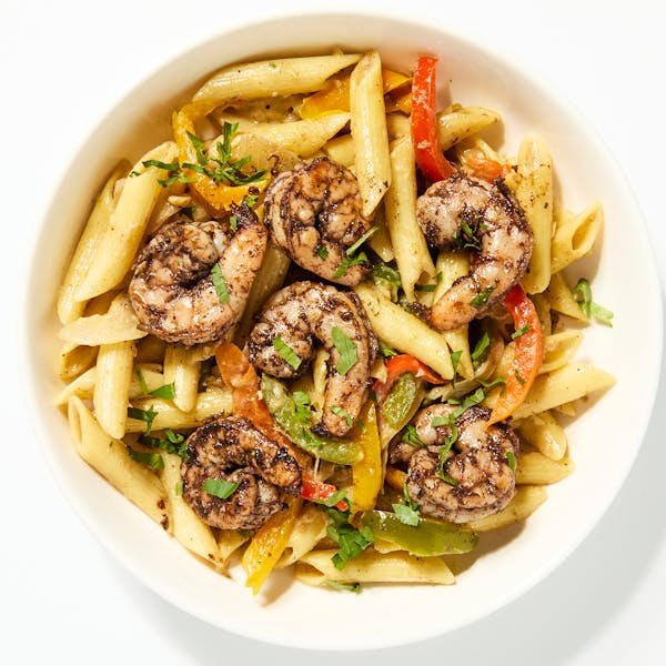 Grilled Jerk Shrimp Rasta Pasta with Penne &amp; Sautéed Bell Peppers
