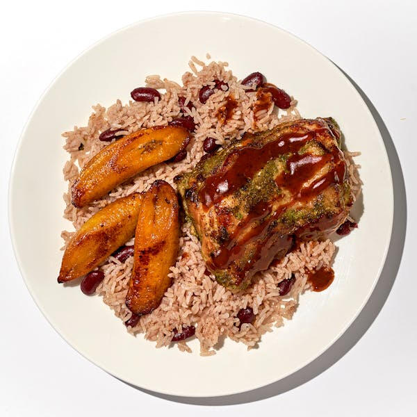 Jamdown Jerk Chicken Thighs with Coconut Rice &amp; Roasted Plantains